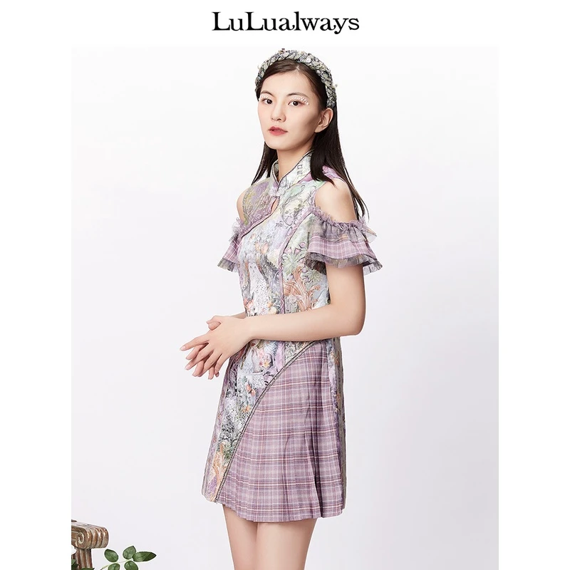 lulualways新款露肩格纹拼接百褶设计感连衣裙女LMB5203