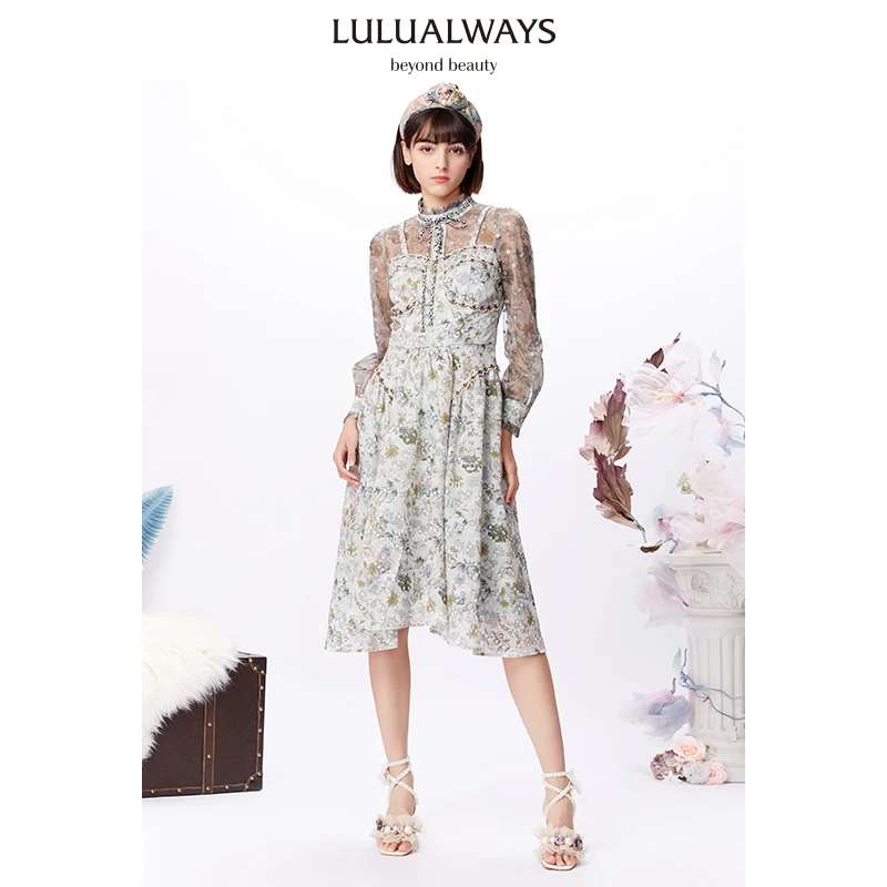 【薄荷曼波】lulualways中长款系带印花连衣裙LNA5069