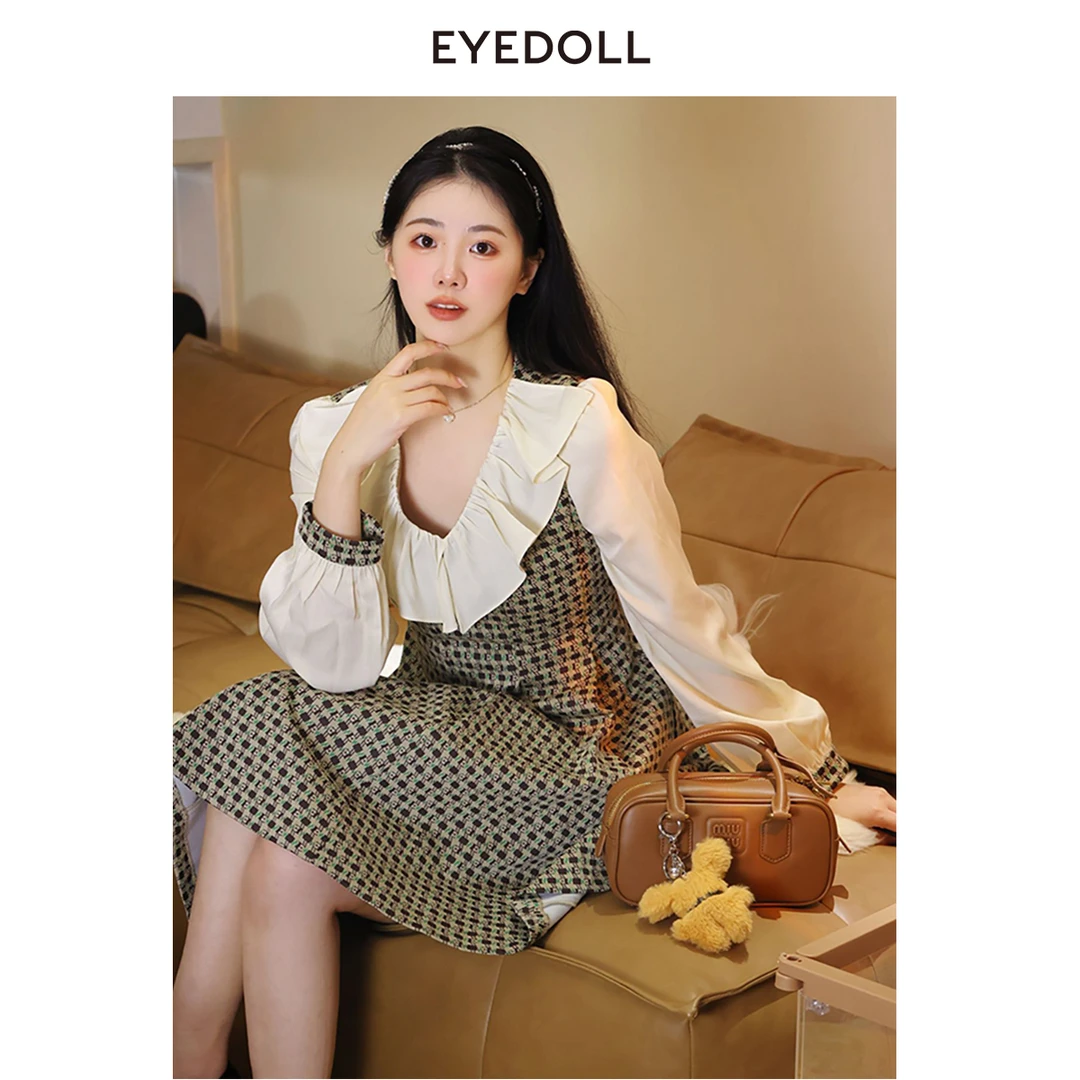 EYEDOLL【商场同款】24春季新款温柔气质少女花边V领短款连衣裙
