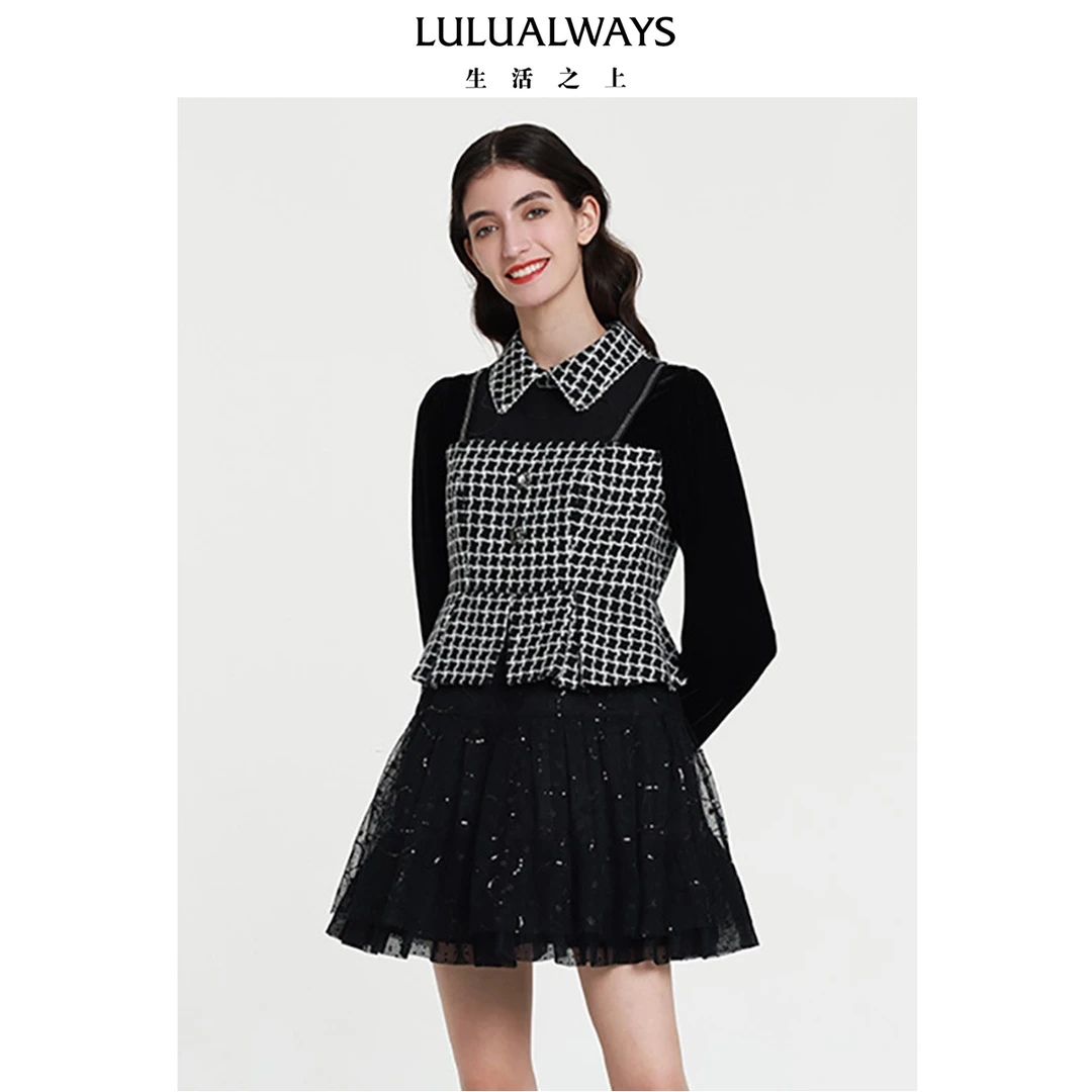 LULUALWAYS23冬季新款时尚小香风假两件拼接短款连衣裙OOD5017