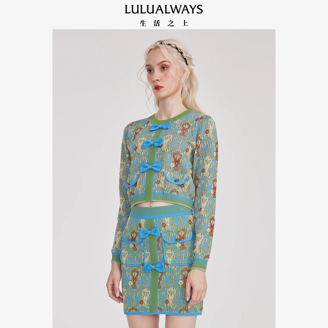 LULUALWAYS新款提花针织时尚蝴蝶结设计感撞色长袖针织衫LNC0030
