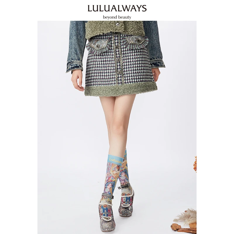 【薄荷曼波】复古气质拼接小香风毛圈千鸟格短裙半身裙