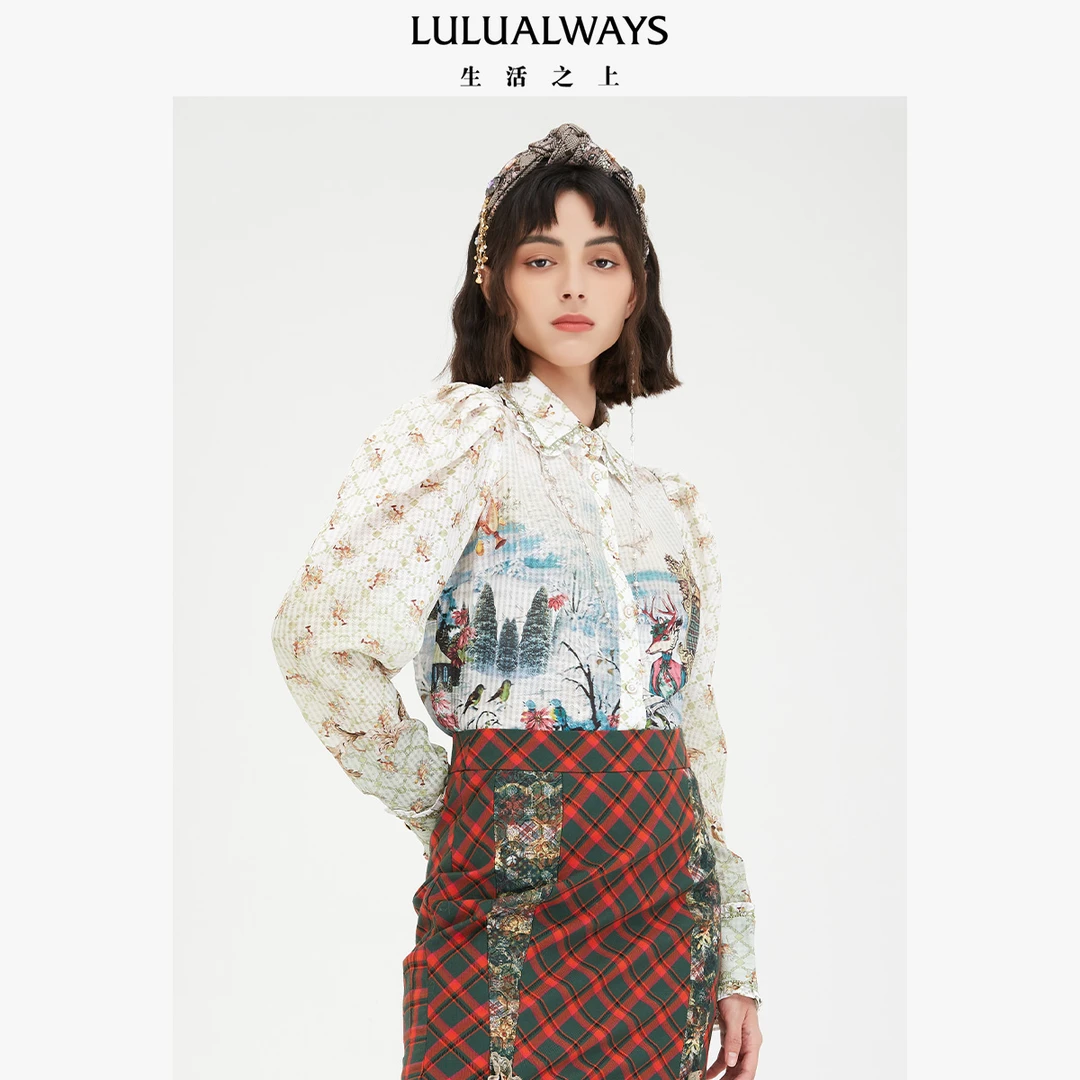 LULUALWAYS 新款甜美公主风动植物花纹米色复古上衣女衬衫LND2027