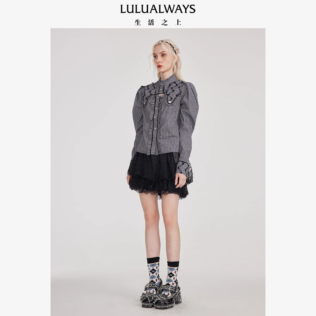 lulualways新款灰色领边镂空时尚针织秋季气质衬衫女