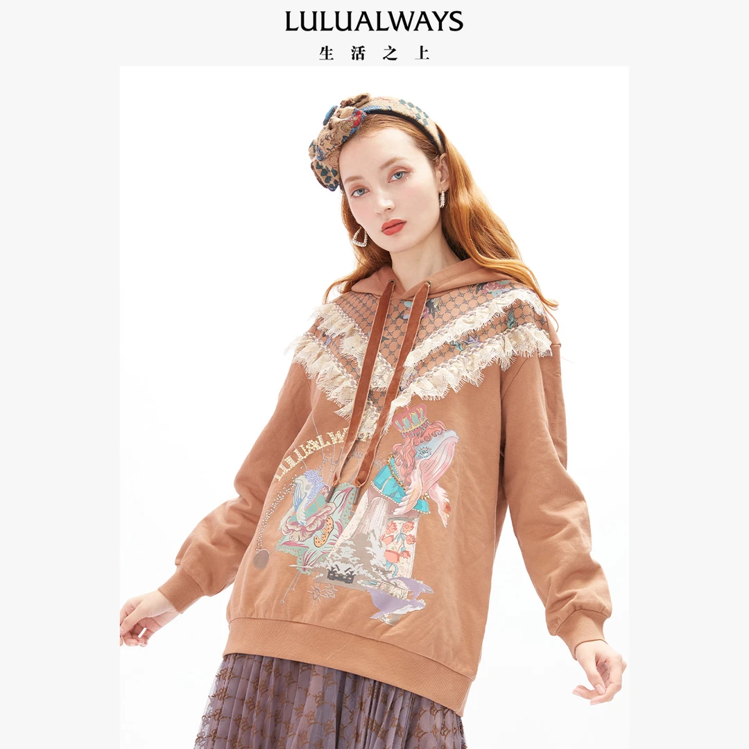 LULUALWAYS冬季复古时尚连帽宽松印花卫衣LMD2011