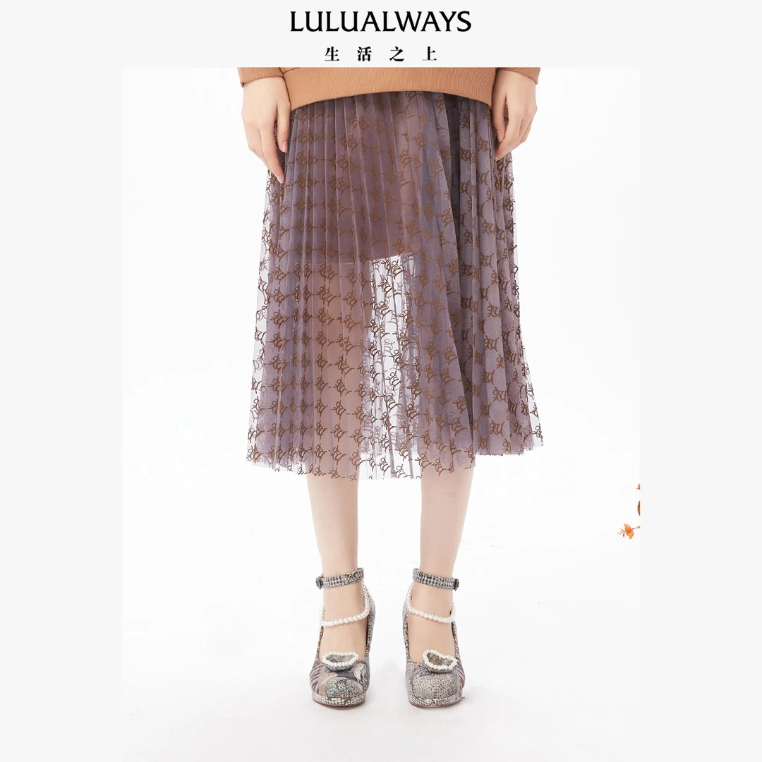 LULUALWAYS 冬季 丝绒高腰网纱A字遮胯中长款半身裙 LMD4018