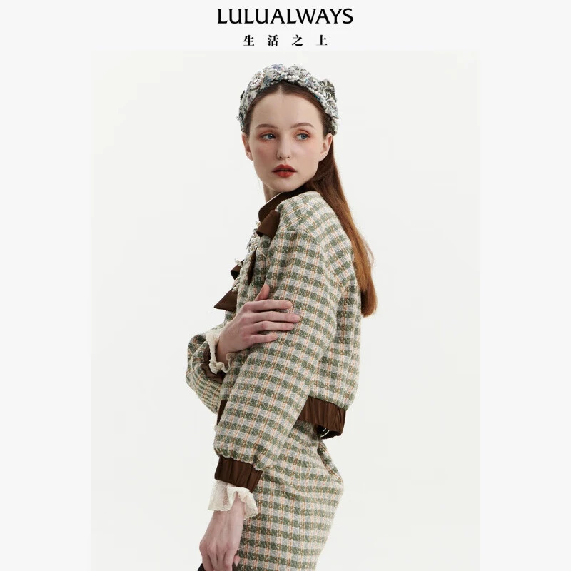 LULUALWAYS23春季新款休闲时尚百搭蝴蝶结拉链绿色外套LOA1028