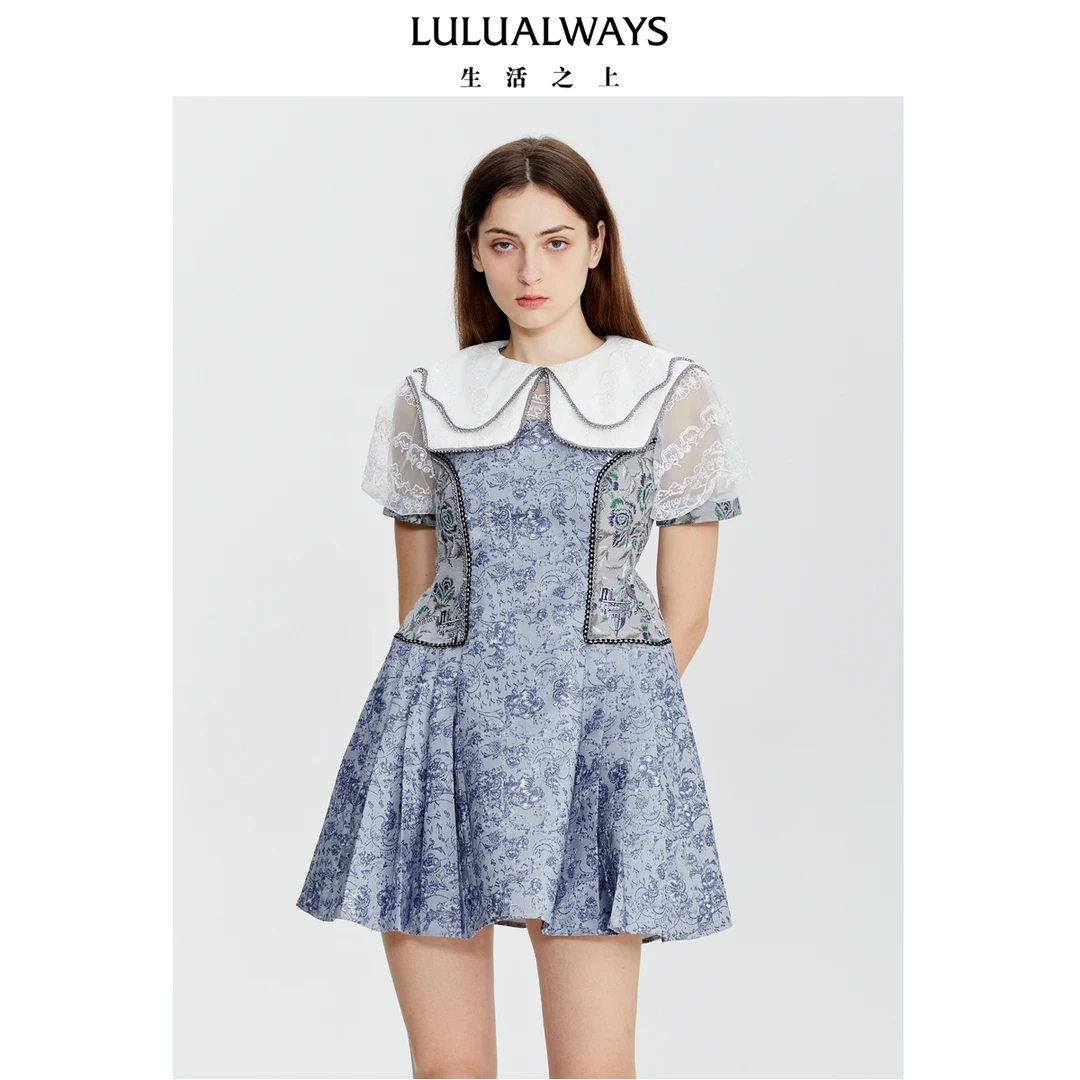 LULUALWAYS23夏季甜美网纱娃娃领短款连衣裙LOB5052