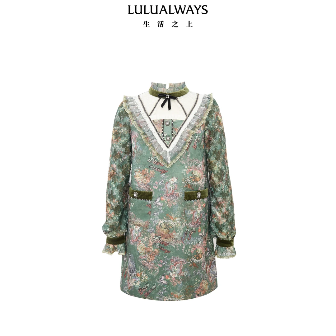 LULUALWAYS我爱露露24冬季新款复古宽松直筒短款金丝提花连衣裙女