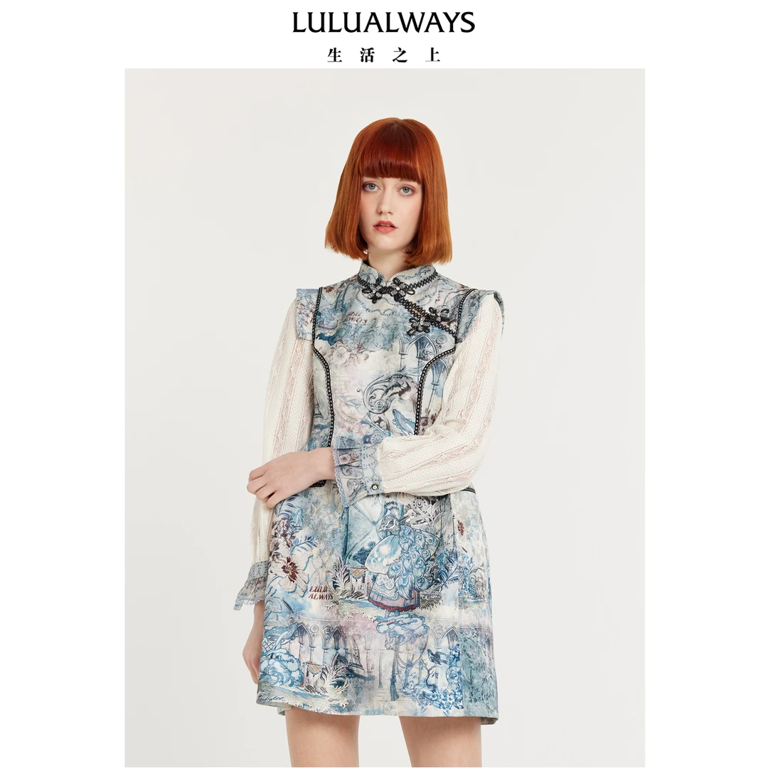 LULUALWAYS24春季古典优雅印花盘扣新中式连衣裙LPA5061