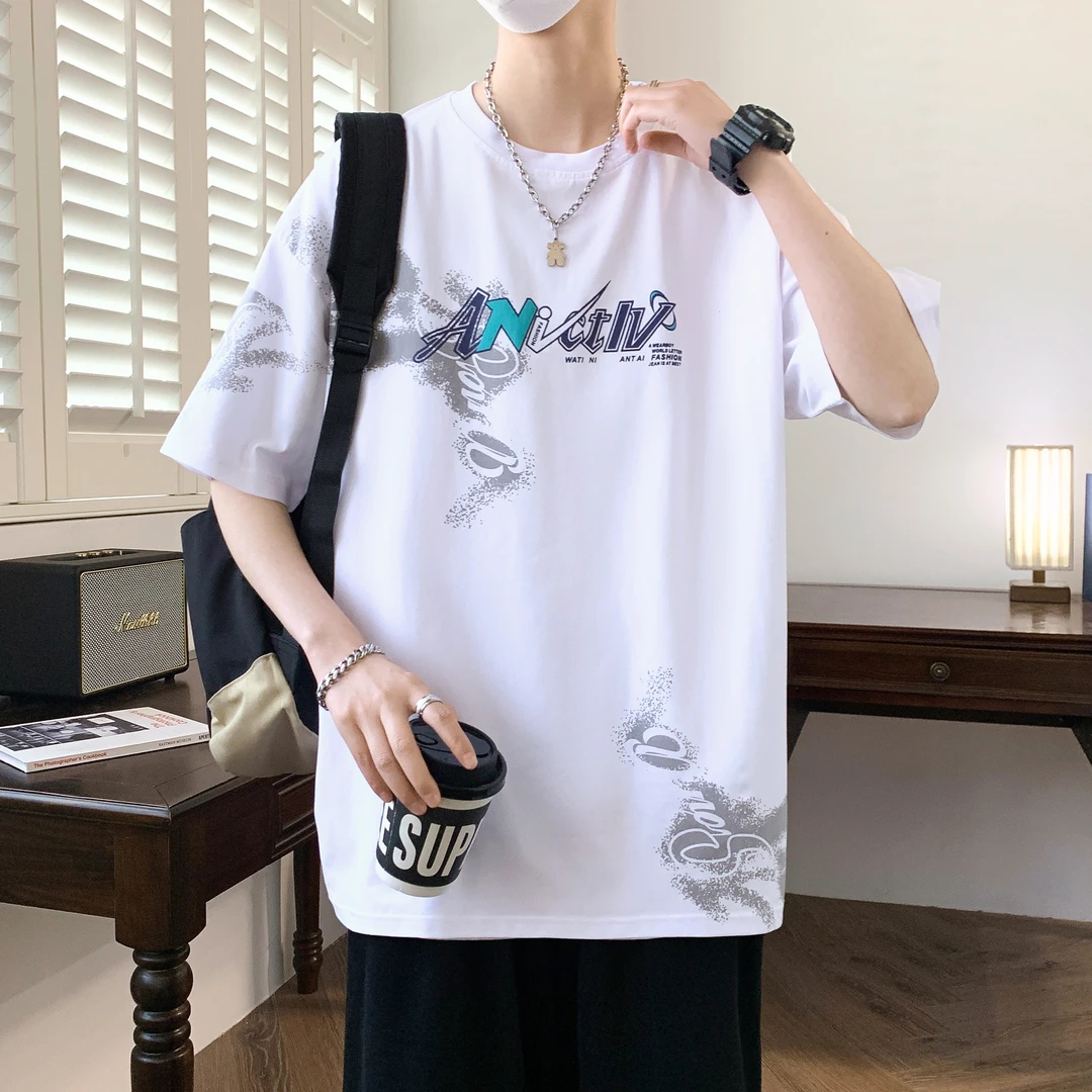 青少年中学生夏季新款宽松潮流男生圆领上衣半袖帅气休闲短袖T恤