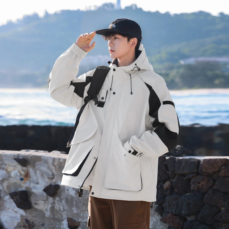 青少年中学生春秋季新款潮流港风休闲男外套开衫宽松长袖连帽夹克