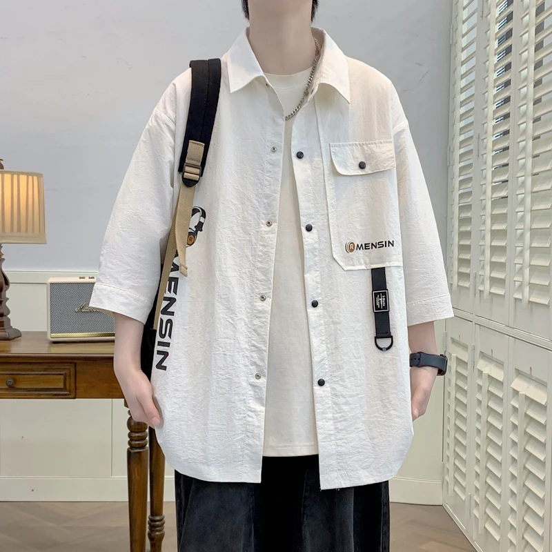 夏季新款青少年中学生16岁宽松衬衣帅气短袖休闲薄款翻领工装衬衫