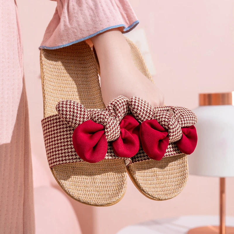 可爱少女心亚麻拖鞋网红防滑居家室内夏季地板蝴蝶结凉拖厚底日式