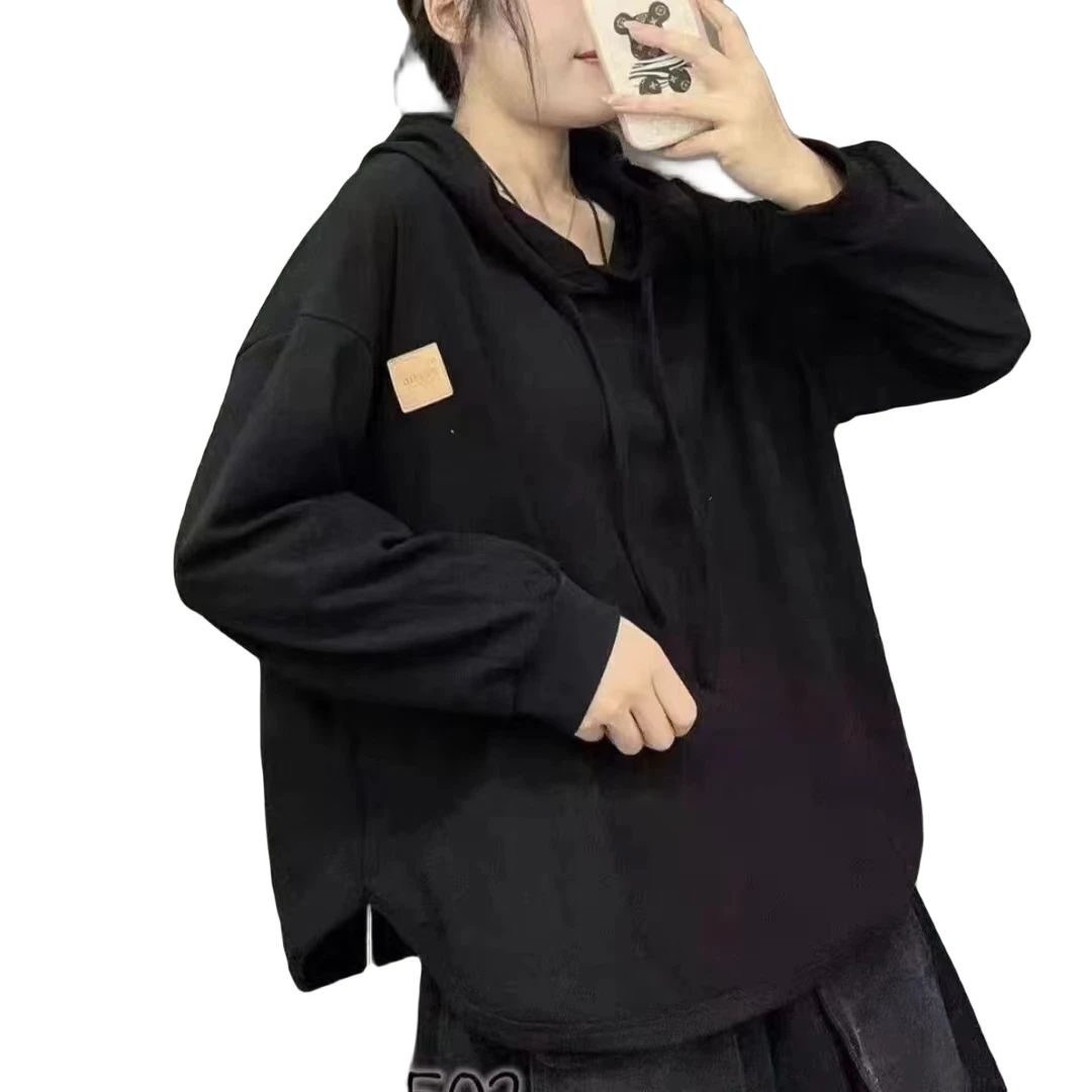 卫衣黑色连帽衫时尚休闲百搭宽松春秋韩版长袖运动带帽纯色ins女。
