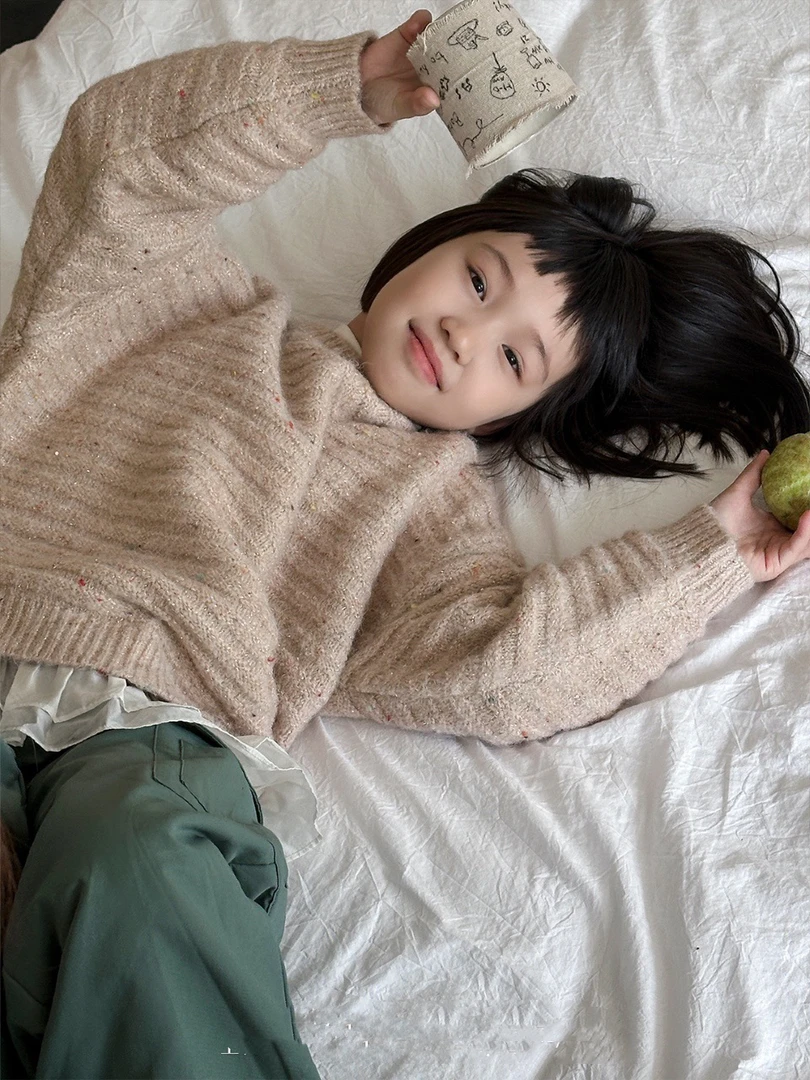 女童韩版圆领慵懒风纯色亮片毛衣秋冬款