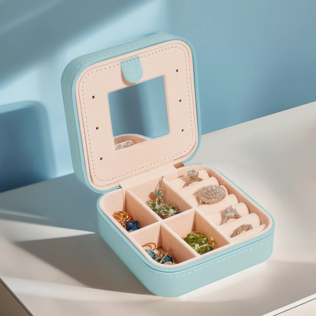 首饰盒/箱 便携方形首饰盒带镜子皮革收纳盒戒指饰品精致收纳包