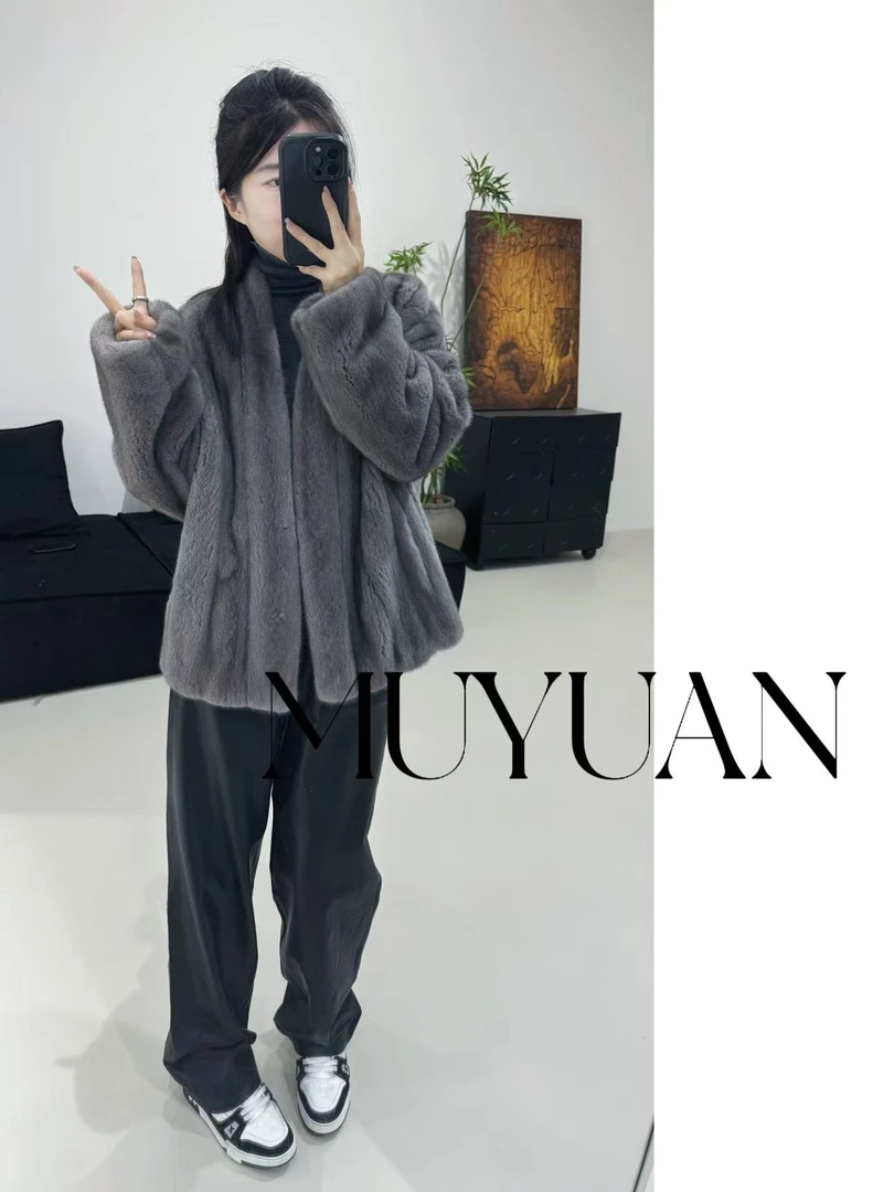 【沐媛】「午夜巴黎」铁灰色小女貂抽刀v领中长款时尚休闲女外套