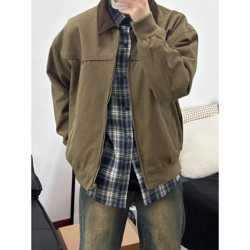 vintage短款外套男春秋款美式复古翻领棒球服潮牌痞帅哈灵顿夹克