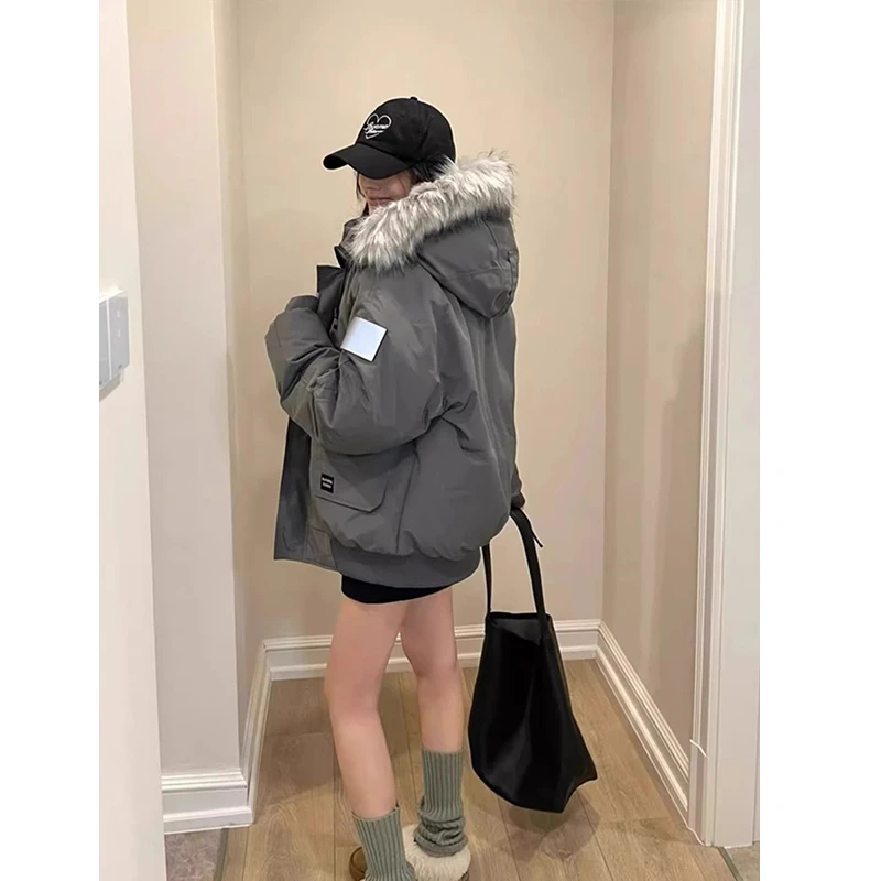 毛领派克棉服男女工装外套冬季加厚美式复古灰色棉衣宽松情侣棉袄