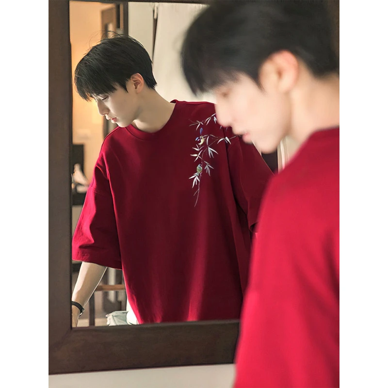 新中式轻国风酒红色短袖t恤男款夏季潮牌重磅宽松竹叶情侣半截袖