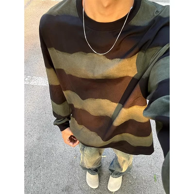 美式复古扎染条纹卫衣男春秋款欧美hiphop长袖t恤圆领无帽打底衫