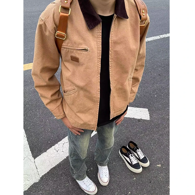 卡其色短款正肩外套男生初秋穿搭底特律工装夹克衫美式翻领棒球服