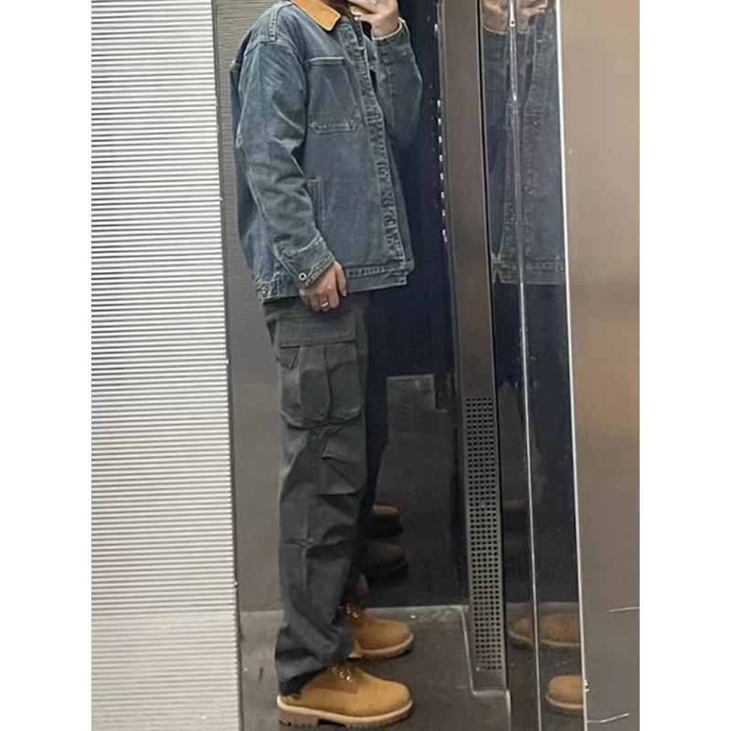 美式复古深灰色工装裤男秋季搭大黄马丁靴裤子搭配ootd穿搭冲锋裤