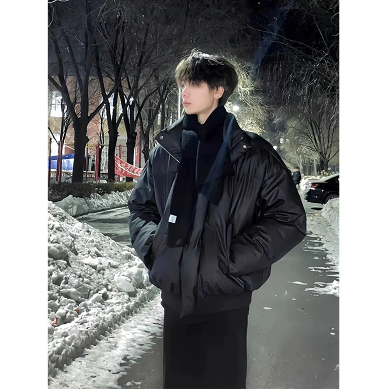 黑色短款棉服男冬季韩系穿搭小众立领面包服oversize加厚棉衣外套