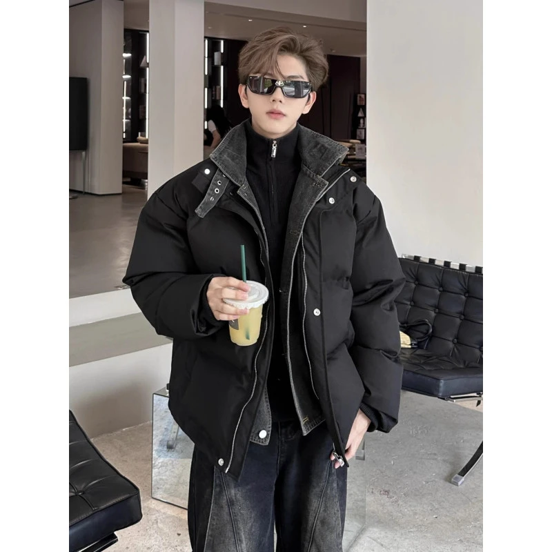 牛仔拼接棉服男款冬季加厚假两件棉衣韩版潮流宽松面包服痞帅外套