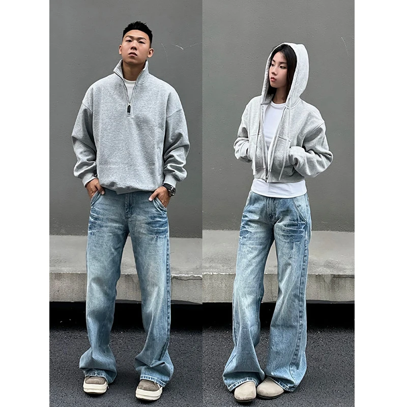 美式复古闪电纹牛仔裤男款秋季潮牌高级感痞帅裤子宽松微喇阔腿裤