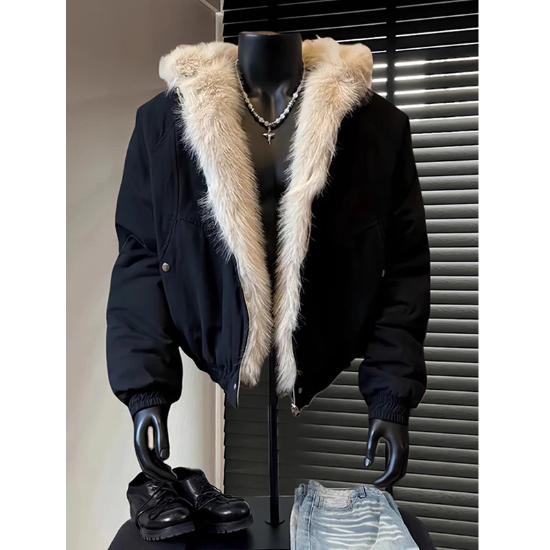 座山雕美式毛领外套男冬季加绒加厚短款夹克棉服cleanfit连帽棉衣