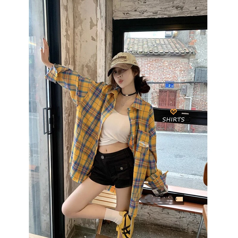 美式复古黄色格子长袖衬衫女夏季款慵懒风中长款休闲衬衣开衫外套