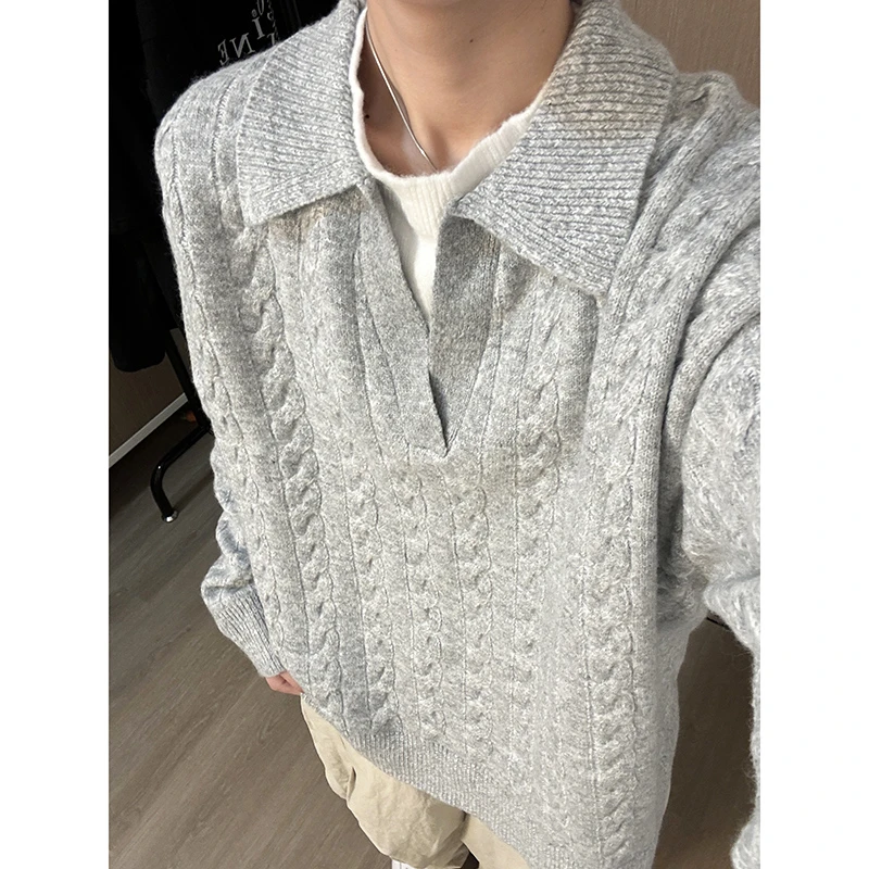 灰色假两件麻花针织卫衣男秋冬季美式重磅保暖打底衫潮牌毛衣外套