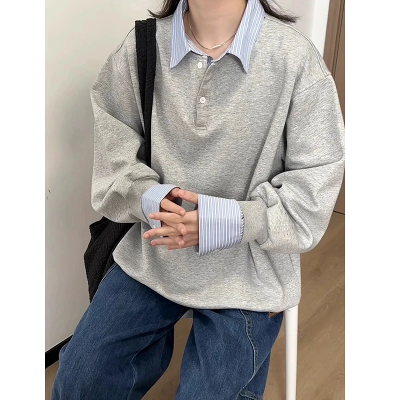 假两件美式复古卫衣男款秋冬条纹衬衫Polo衫长袖cleanfit情侣外套