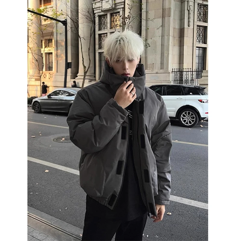 灰色可拆卸连帽棉服男款冬季加厚短款面包服美式高街解构棉衣外套