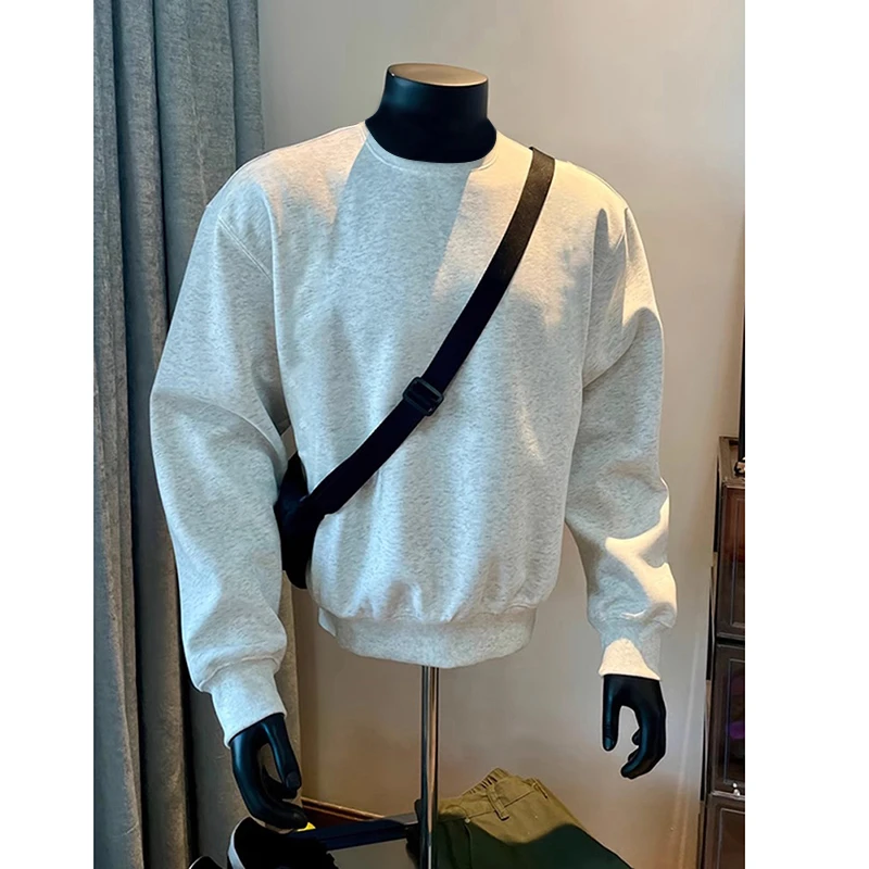 花灰色美式重磅圆领卫衣男春秋无帽内搭硬挺长袖t恤加绒厚打底衫