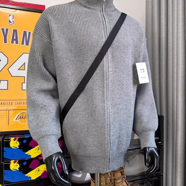 cleanfit灰色半高领开衫毛衣男秋冬潮牌宽松慵懒风情侣针织衫外套