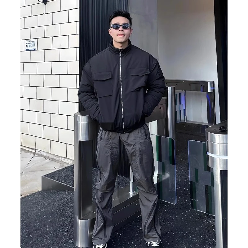 美式黑色立领飞行员工装夹克棉服男冬季加厚短款廓形痞帅棉衣外套