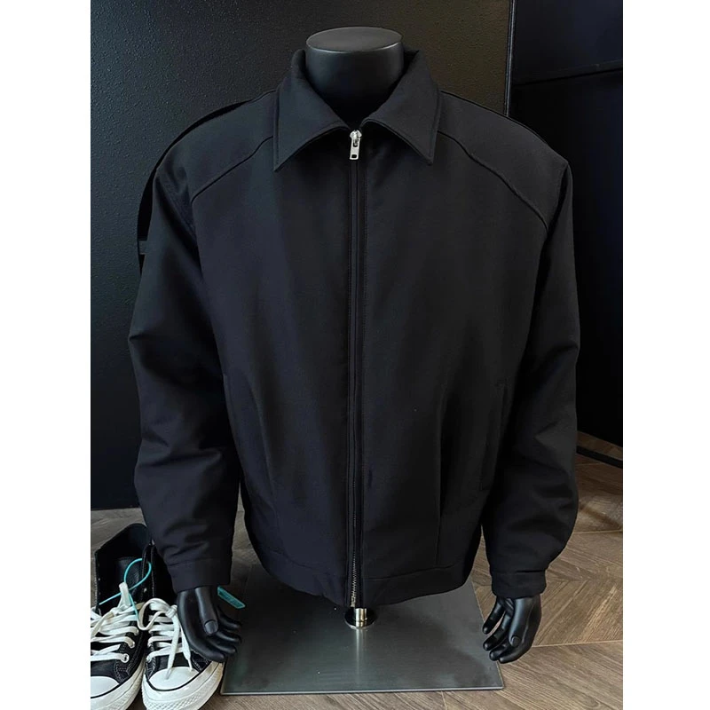 黑色加棉短款夹克棉服男秋冬季美式保暖翻领棒球服廓形bomber棉衣