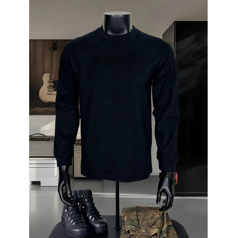 黑色德绒打底衫男秋冬季风衣内搭小领口重磅圆领卫衣美式长袖t恤
