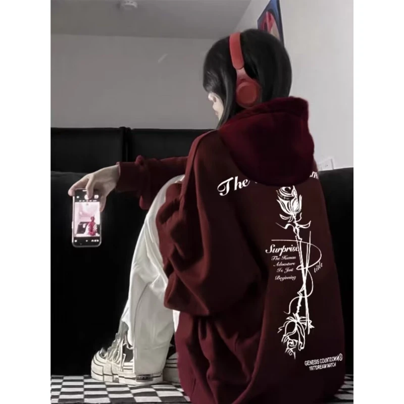 美式复古暗红色卫衣男双层帽高克重磅vintage秋季潮牌酒红色外套