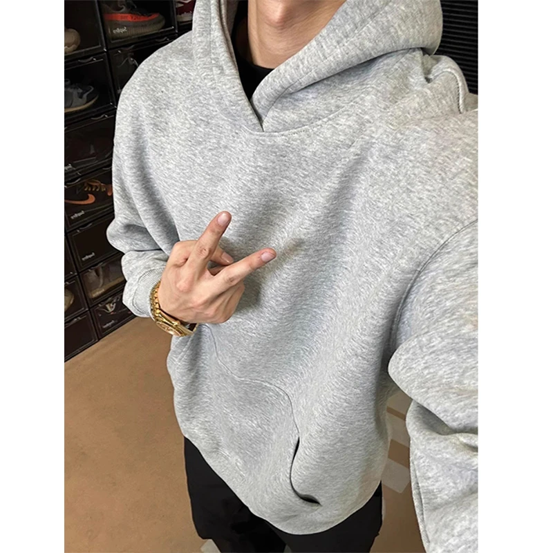 浅灰色cleanfit短款重磅卫衣男春秋款连帽衫美式复古硬挺休闲外套