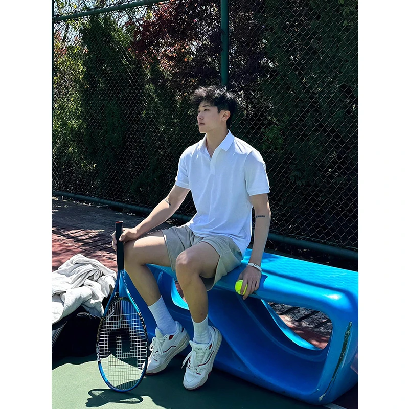 纯白色网球POLO衫短袖男夏季成熟稳重男装有领t恤正肩廓形半截袖