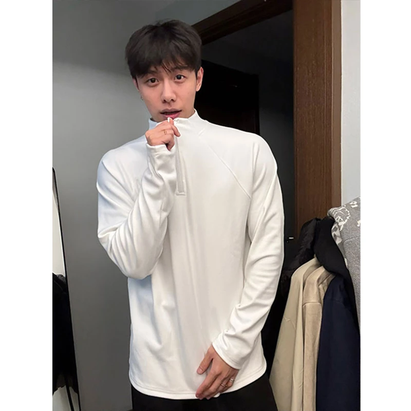 半拉链白色德绒打底衫男秋冬款潮牌修身上衣内搭健身训练长袖t恤