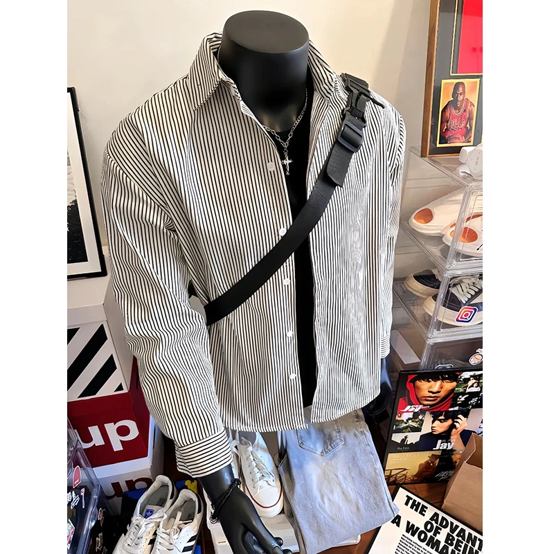 日系citybo黑色条纹衬衫潮牌宽松休闲长袖男生美式复古衬衣外套