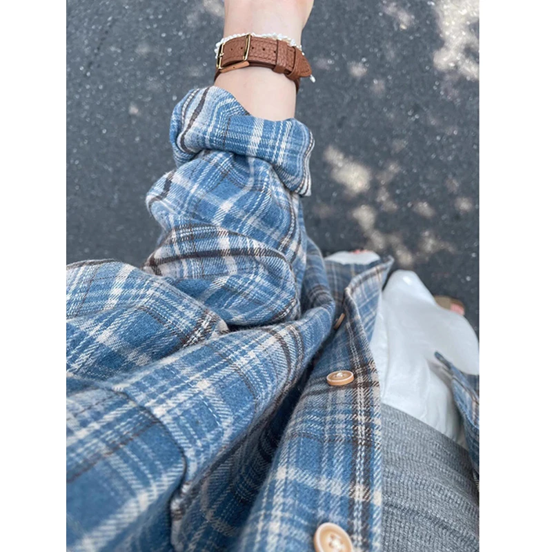 法式蓝色磨毛格子衬衫外套男春秋款冷淡系高级感衬衣通勤长袖上衣