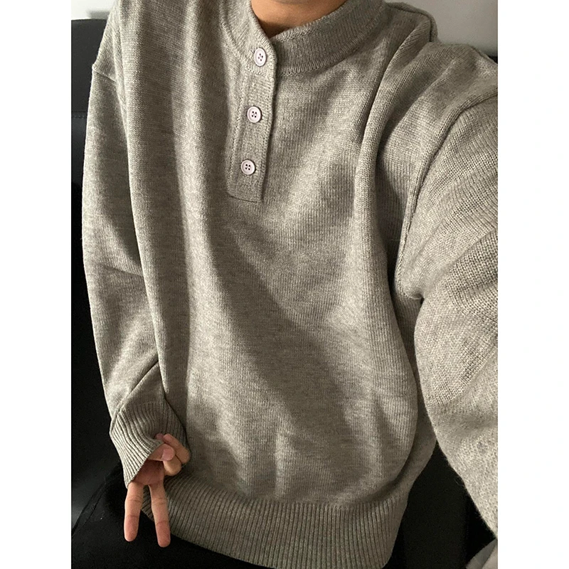 灰色亨利领毛不起球毛衣男款冬季慵懒高级感美式痞帅风针织打底衫
