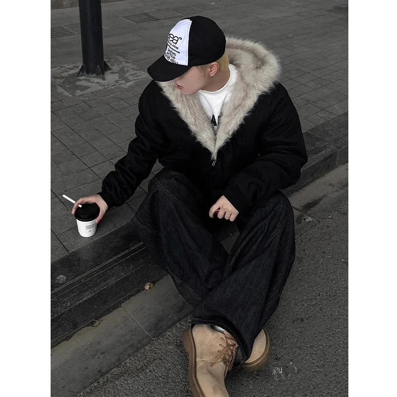 黑色短款毛领座山雕夹克棉服男秋冬美式高街重磅保暖连帽棉衣外套