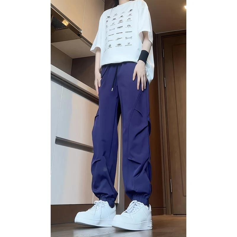 乌梅紫色凉感冰丝裤子修身小脚褶皱降落伞兵裤男夏季束脚冲锋裤